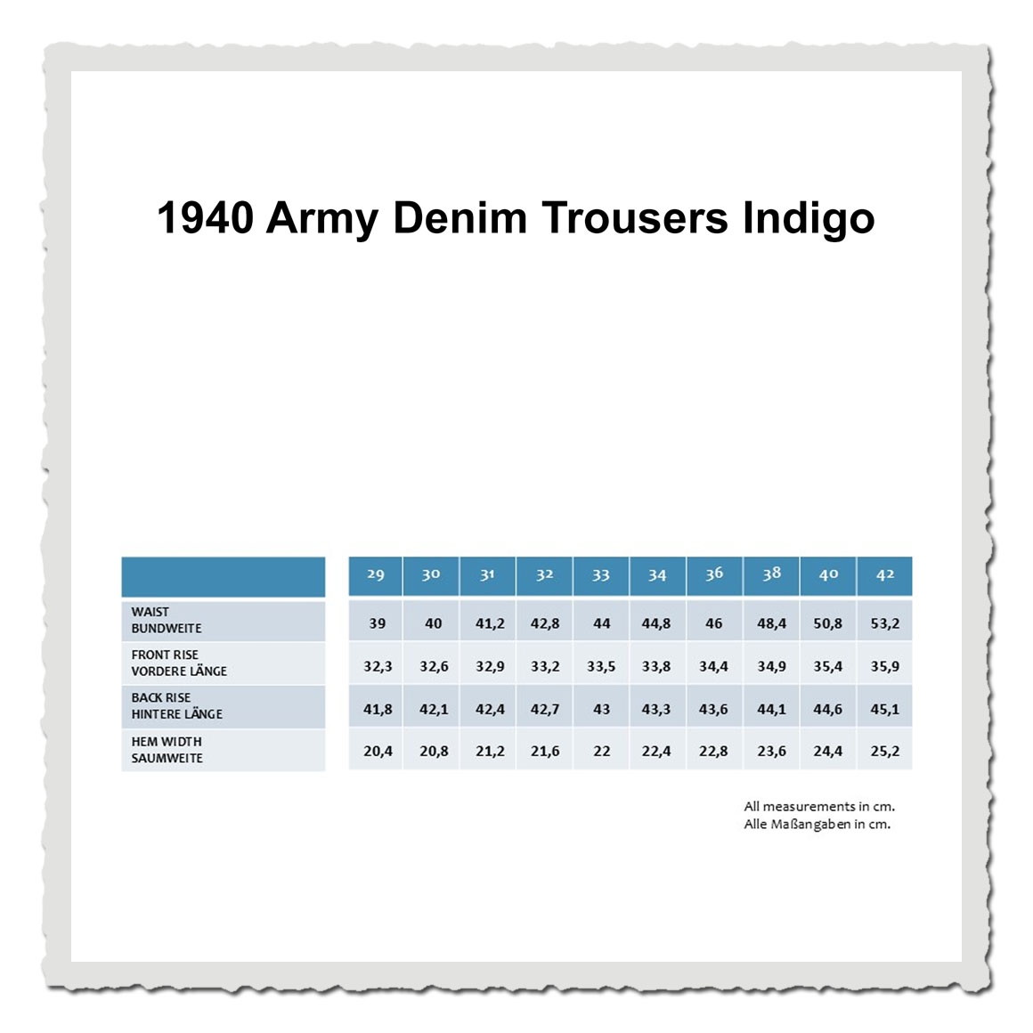 Maßtabelle für eine indigoblaue Hose mit Größenübersicht auf hellem, neutralem Hintergrund.
